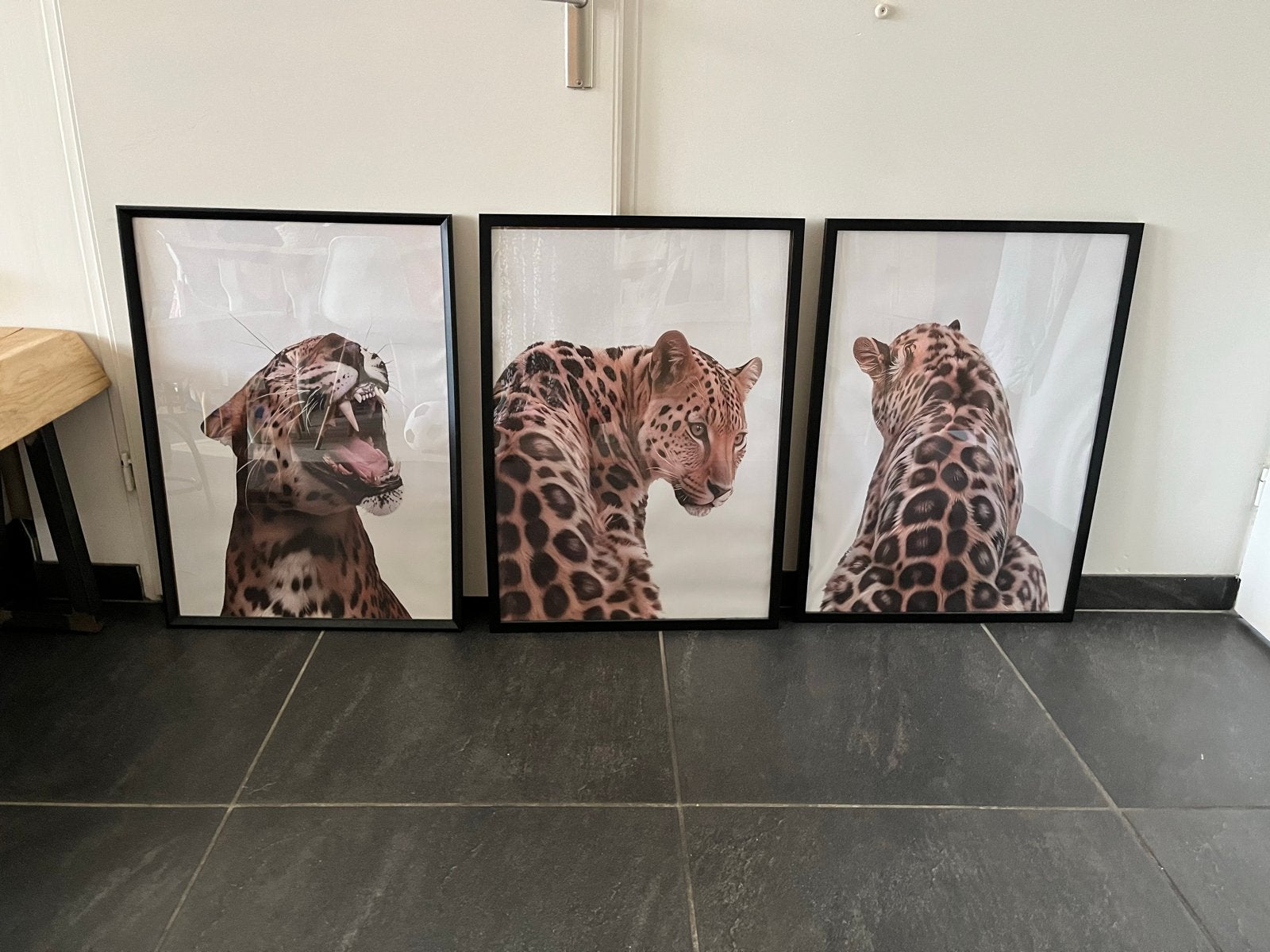 3 zwarte fotolijsten 50 x 70 cm met luipaard prints, Huis en Inrichting, Ophalen, Zo goed als nieuw, Fotolijst, Hout