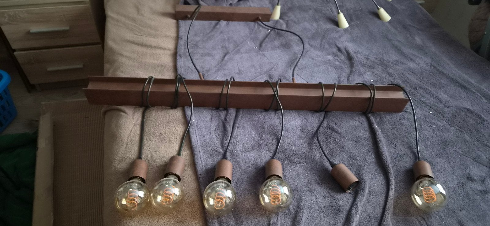 Houten hanglamp met 6 Edison gloeilampen, Ophalen, Gebruikt, E27 (groot), Industrieel, Vintage