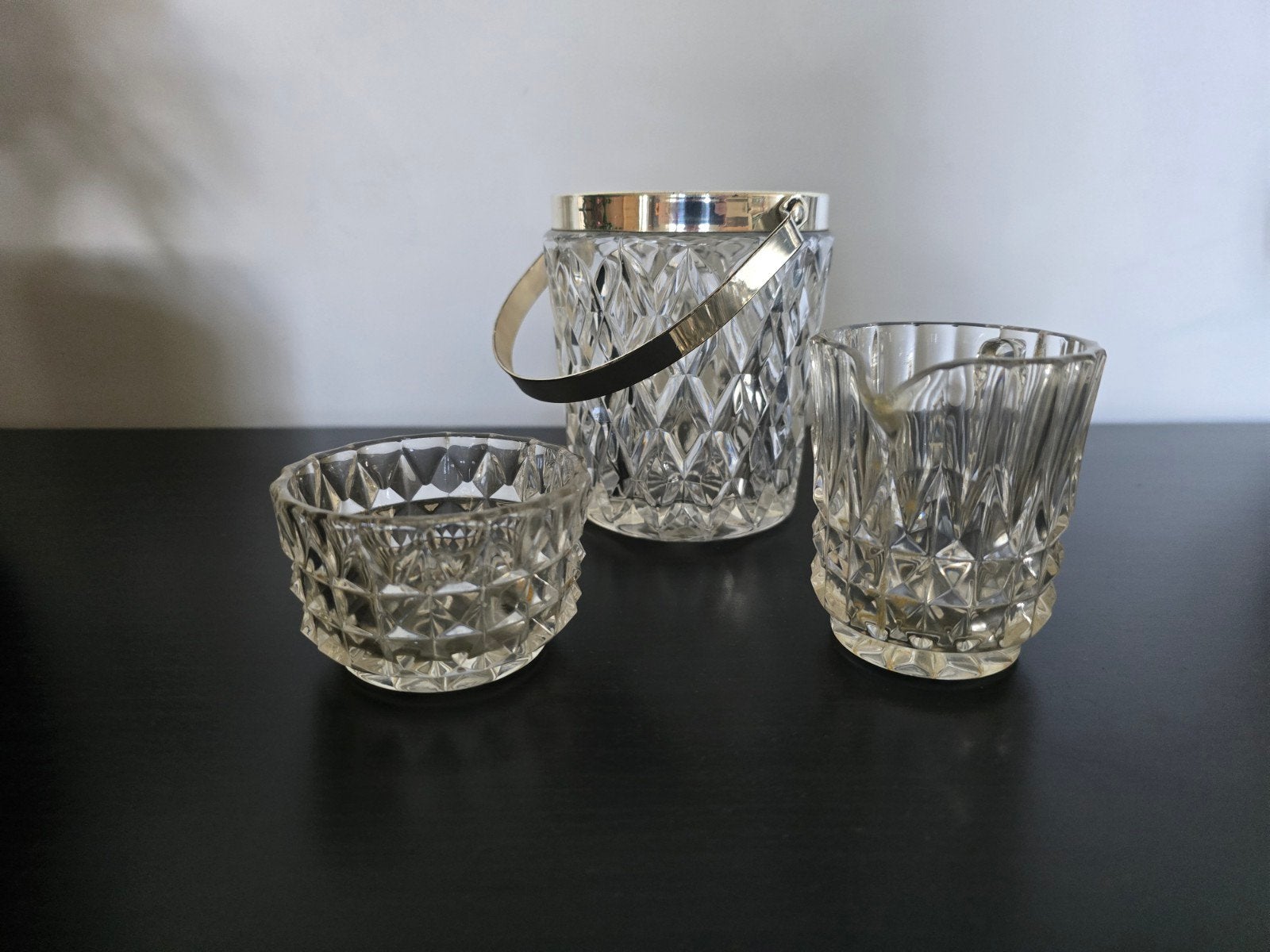 Vintage kristallen suikerpot, melkkan en ijsemmer set, Antiek en Kunst, Ophalen