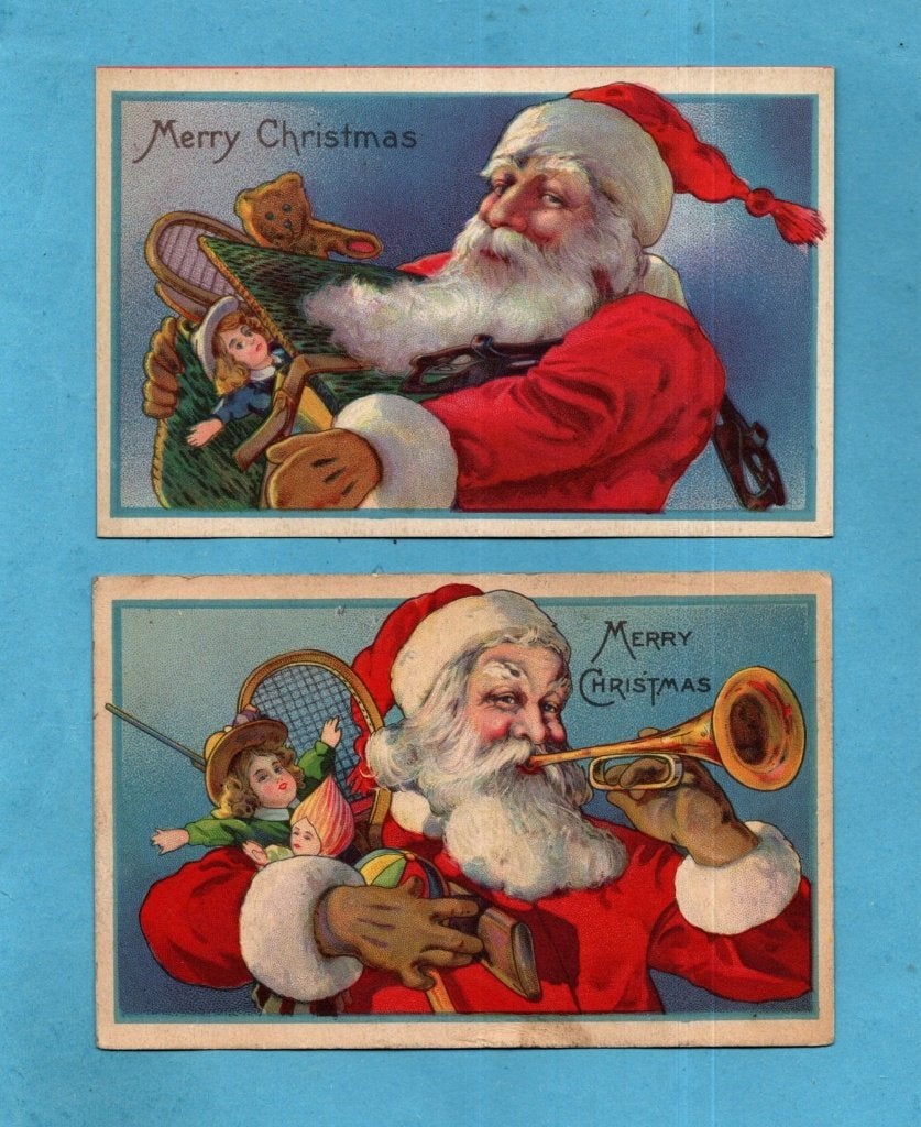 2x Prachtige oude kerstkaarten met kerstman/kado's - W109, Verzamelen, Verzenden, Voor 1920, Ongelopen