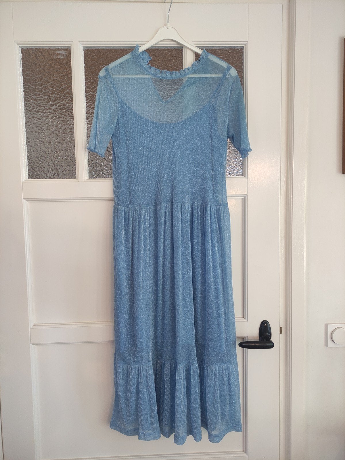 Modstrom jurk S, blauw glitter doorzichtig met onderjurk, Blauw, Ophalen of Verzenden, Zo goed als nieuw, Maat 36 (S)