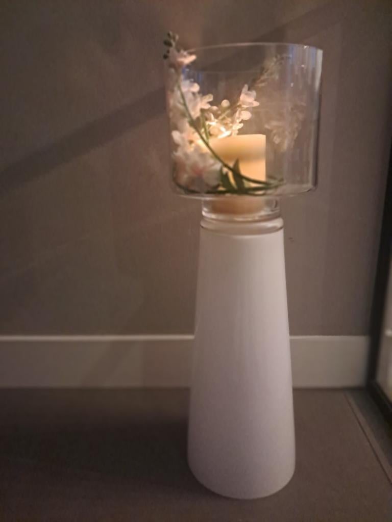 Fidrio Kandelaar - Wit met Glazen Windlicht, Overige materialen, 50 tot 75 cm, Wit, Ophalen of Verzenden