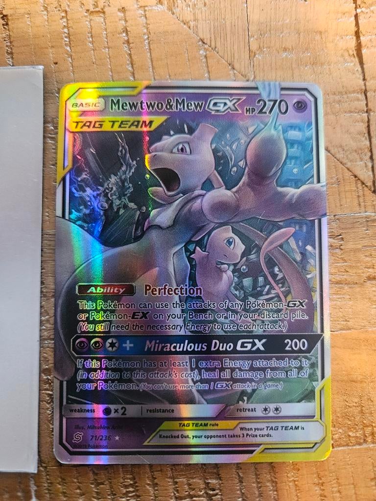 Mewtwo & Mew GX TAG TEAM Pokémon Kaart (Foil), Ophalen of Verzenden, Zo goed als nieuw, Losse kaart, Foil