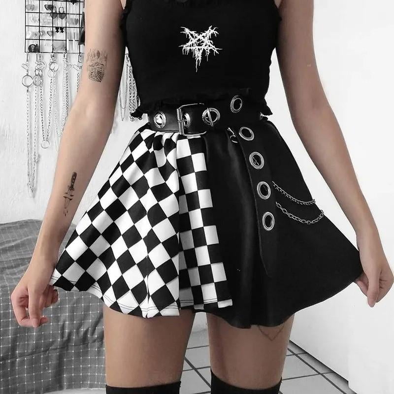 Alt / Gothic Y2k rok blokjespatroon zwart wit - Hoge taille