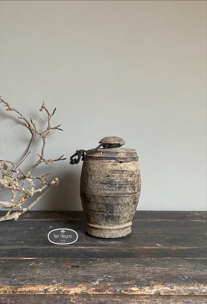 Oude houten kruik met deksel pot hout stoer sober landelijk, Verzenden, Handgemaakt, Overige vormen, Hout