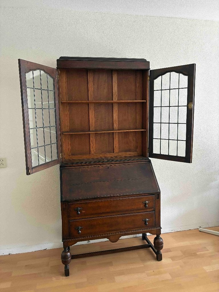 Antieke/vintage houten secretaire met vitrinekast, Ophalen