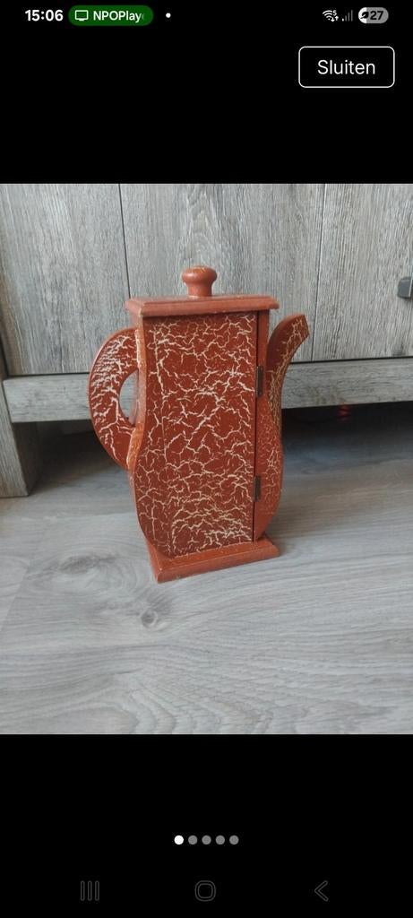 Decoratieve theedoos in theepotvorm, Gebruikt, Hout, Ophalen of Verzenden, Theedoos
