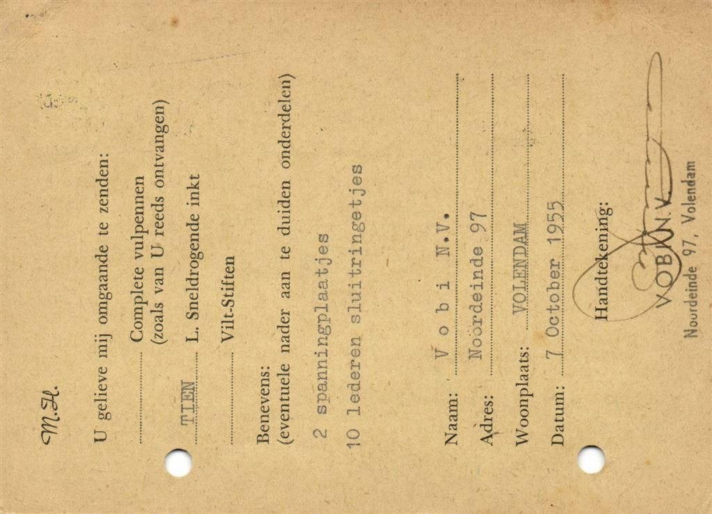VOBI NV, Volendam - 10.1955 - bestelkaart, Postzegels en Munten, Ophalen of Verzenden, Briefkaart