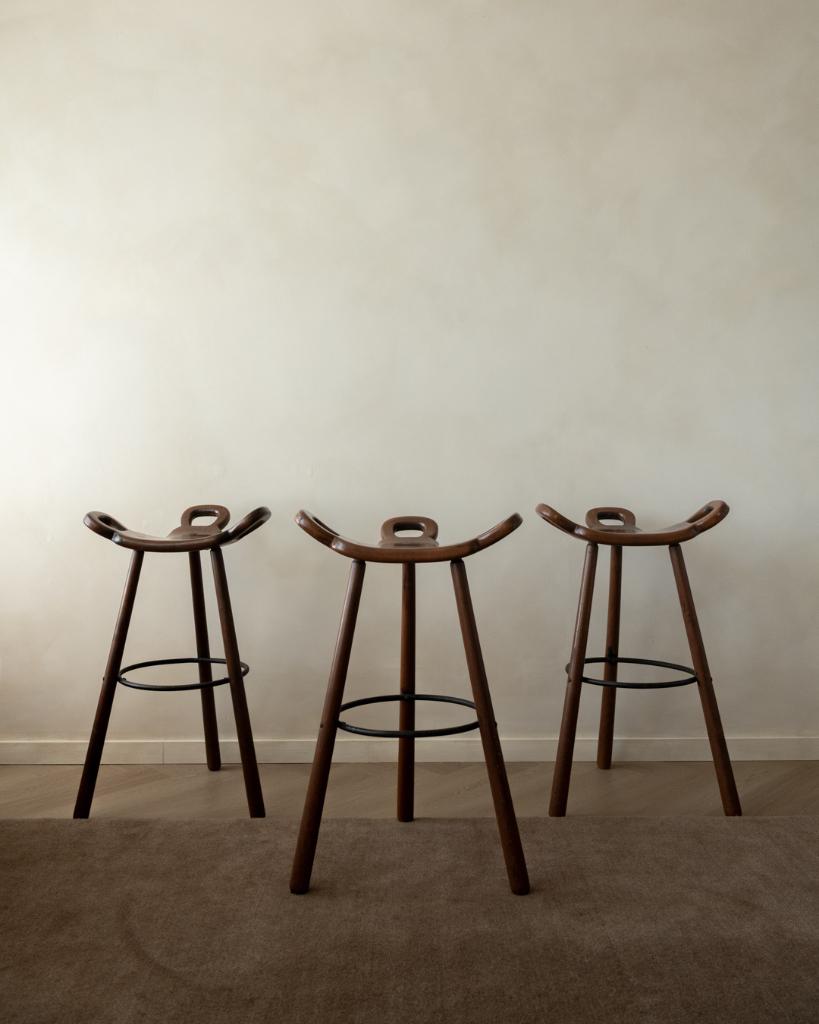 Vintage Brutalist Houten Marbella Barkrukken Confonorm 1970s, Ophalen, Gebruikt, Met voetsteun, 60 tot 90 cm
