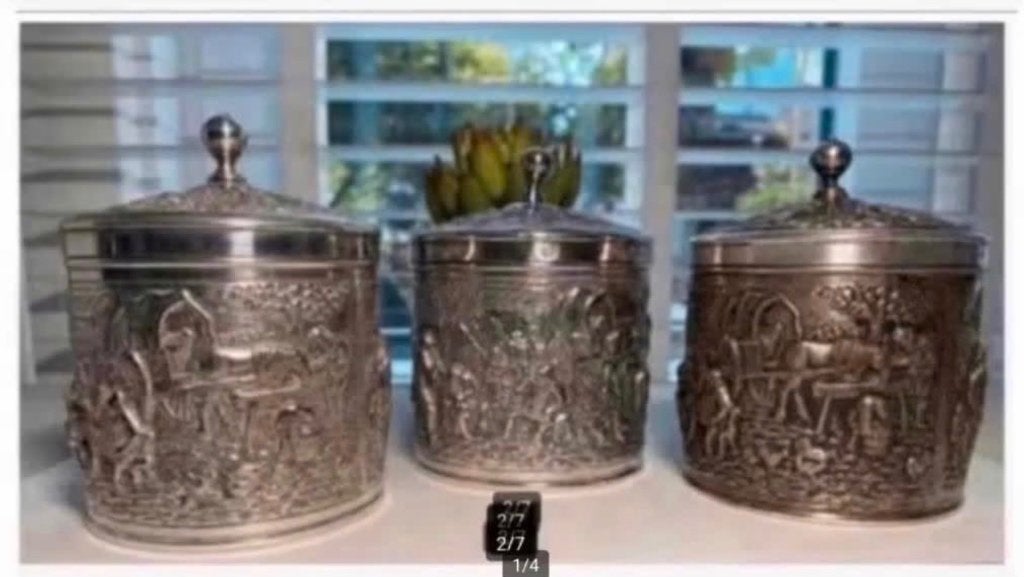 3 verzilverde Douwe Egberts pot, gedecoreerd pr.p.st, Ophalen of Verzenden