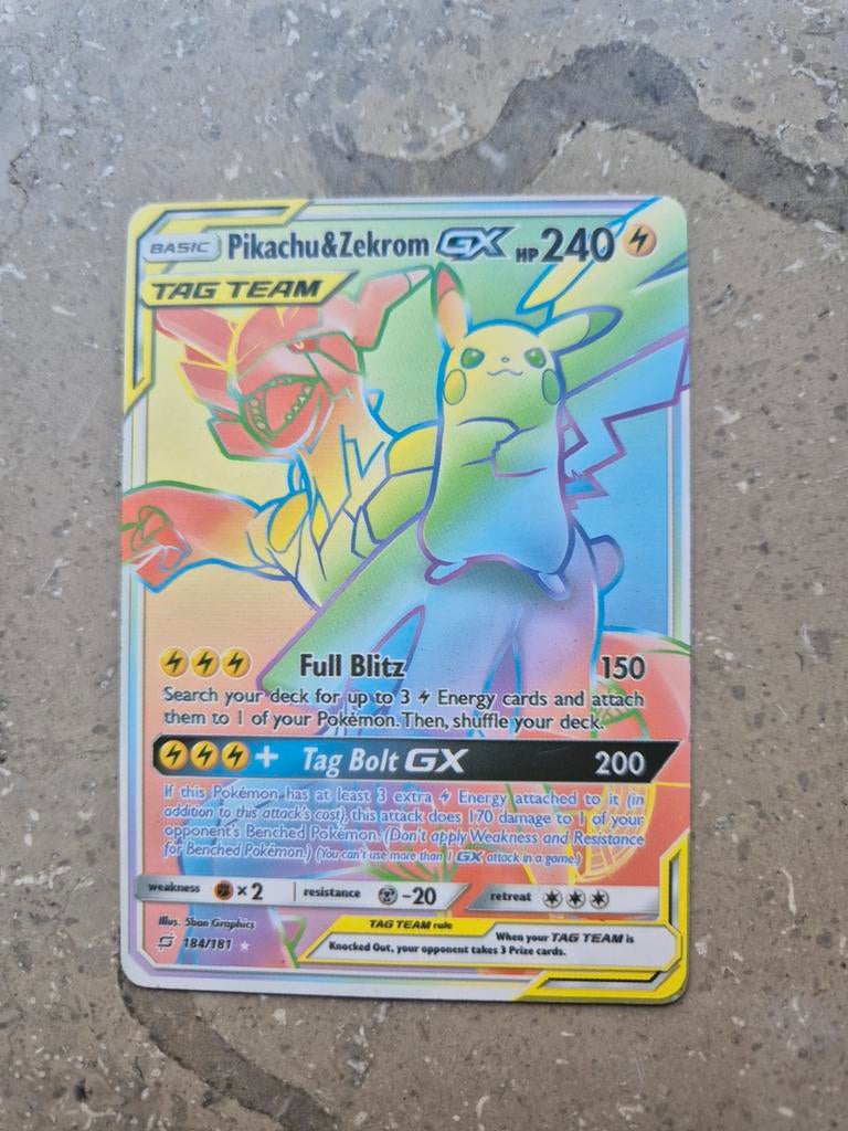 Pokemonkaart Pikachu & Zekrom GX Tag Team (Rainbow Rare), Ophalen of Verzenden, Zo goed als nieuw, Losse kaart, Foil