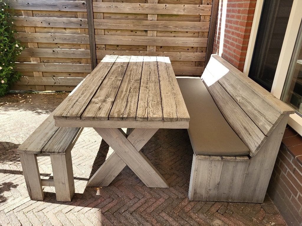 Steigerhout tuinset mag snel weg!, Ophalen, Gebruikt, 6 zitplaatsen, Steigerhout