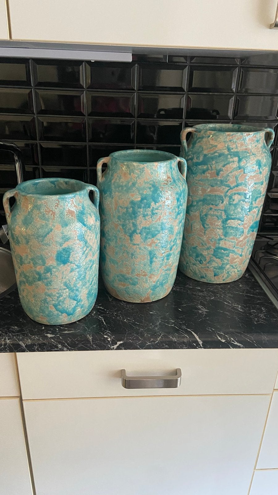 Set van 3 decoratieve vazen in turquoise en beige, Ophalen