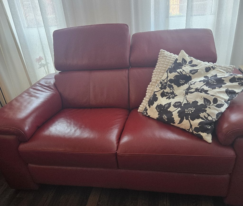 Leren bankstel donkerrood + lounge + relaxfunctie, Huis en Inrichting, Ophalen, 250 tot 300 cm, Gebruikt, Overige maten