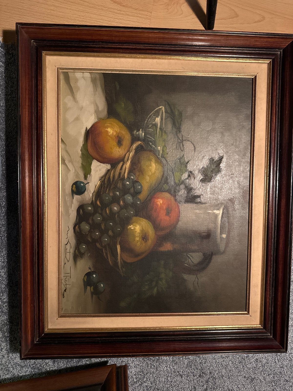 Klassiek stilleven met fruit en mand 54x62 cm incl. lijst, Ophalen, Doek, Stilleven, Gesigneerd
