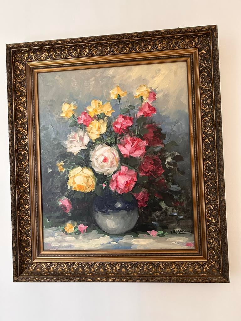 Schilderij met bloemenvaas, gesigneerd Th. Jansen, Ophalen