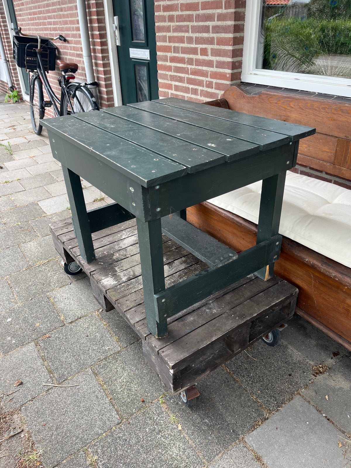 Houten bijzettafel op wielen, donkergroen, Tuin en Terras, Ophalen, Gebruikt, Rechthoekig, Hout