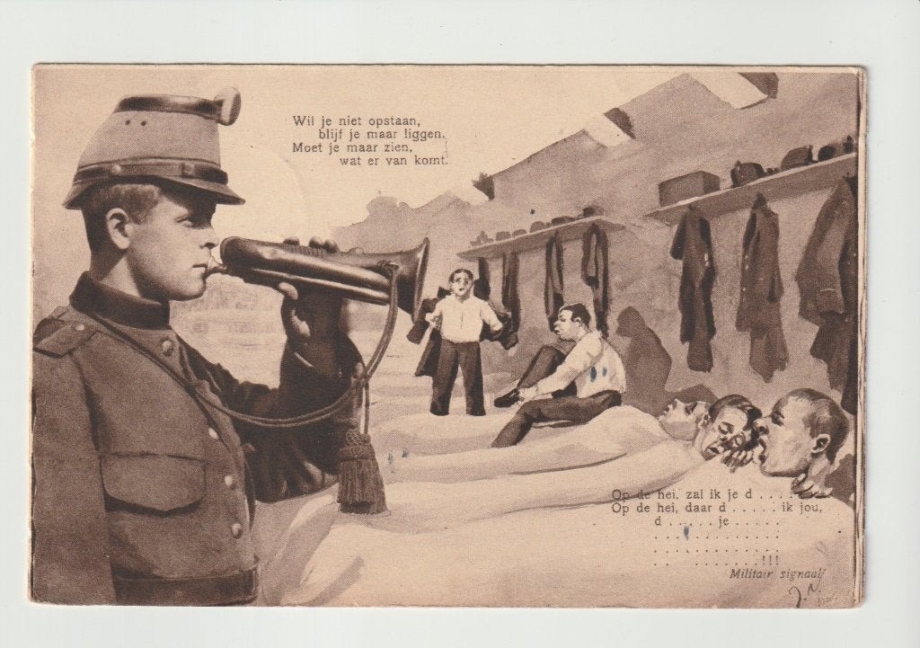 Wil je niet opstaan * humor militair soldaat leger wo1 ww1, Verzamelen, Ophalen of Verzenden, Voor 1920, Gelopen, Overige thema's