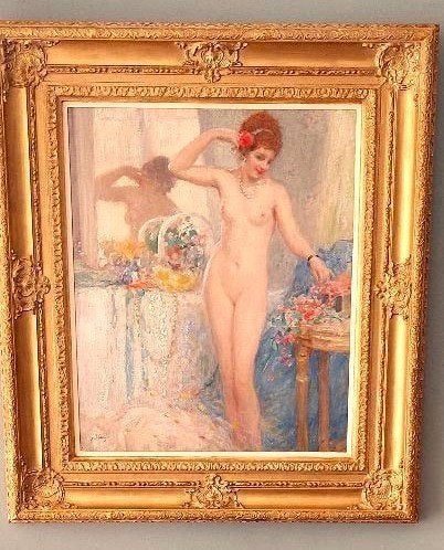 Gennaro Béfanio (1866-1949)  "Poserend naakt in boudoir'', Antiek en Kunst, Kunst | Schilderijen | Klassiek, Doek, Portret of Personen