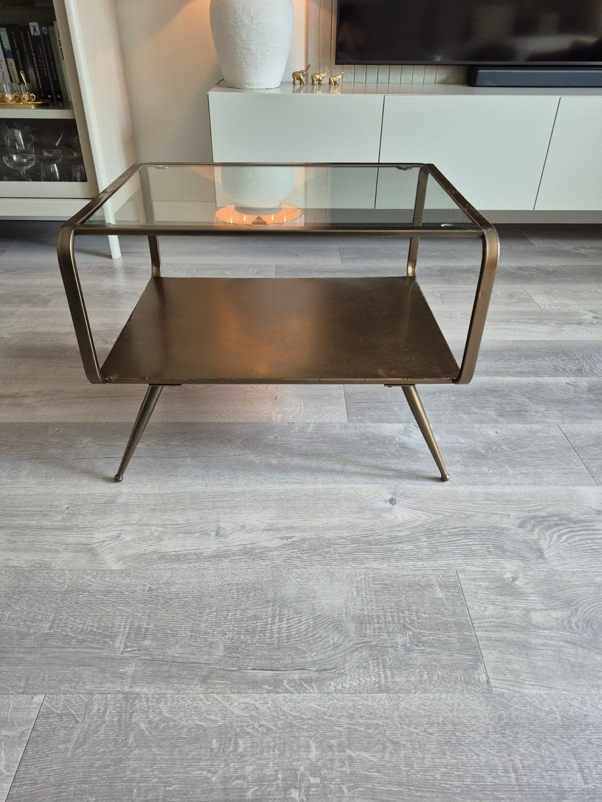 BePureHome Fancy bijzettafel - Antique Brass & Glas, 45 tot 60 cm, Metaal of Aluminium, Zo goed als nieuw, Rechthoekig