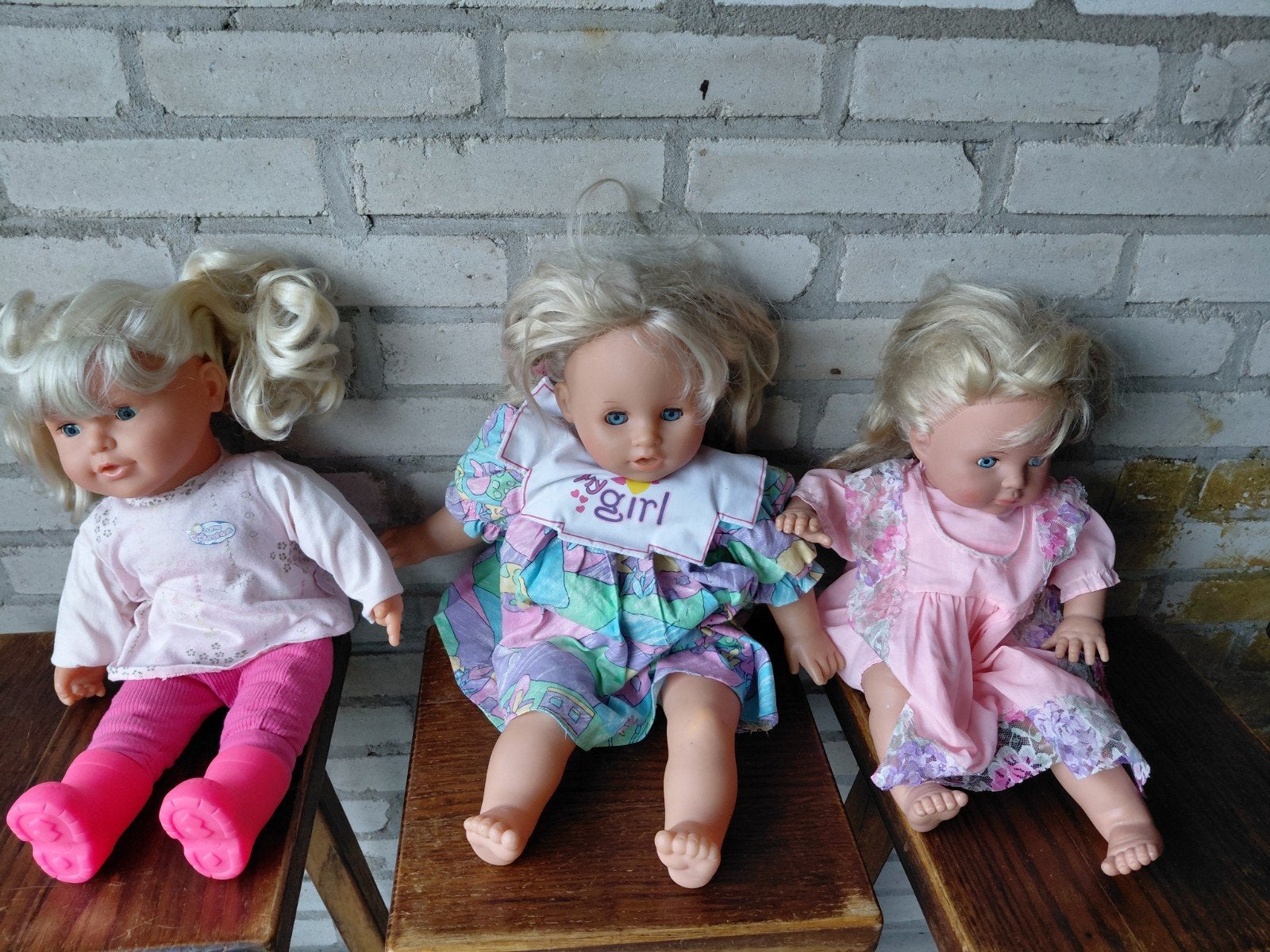 Set van 3 Babypoppen met Blond Haar en Blauwe Ogen, Ophalen of Verzenden, Gebruikt, Babypop