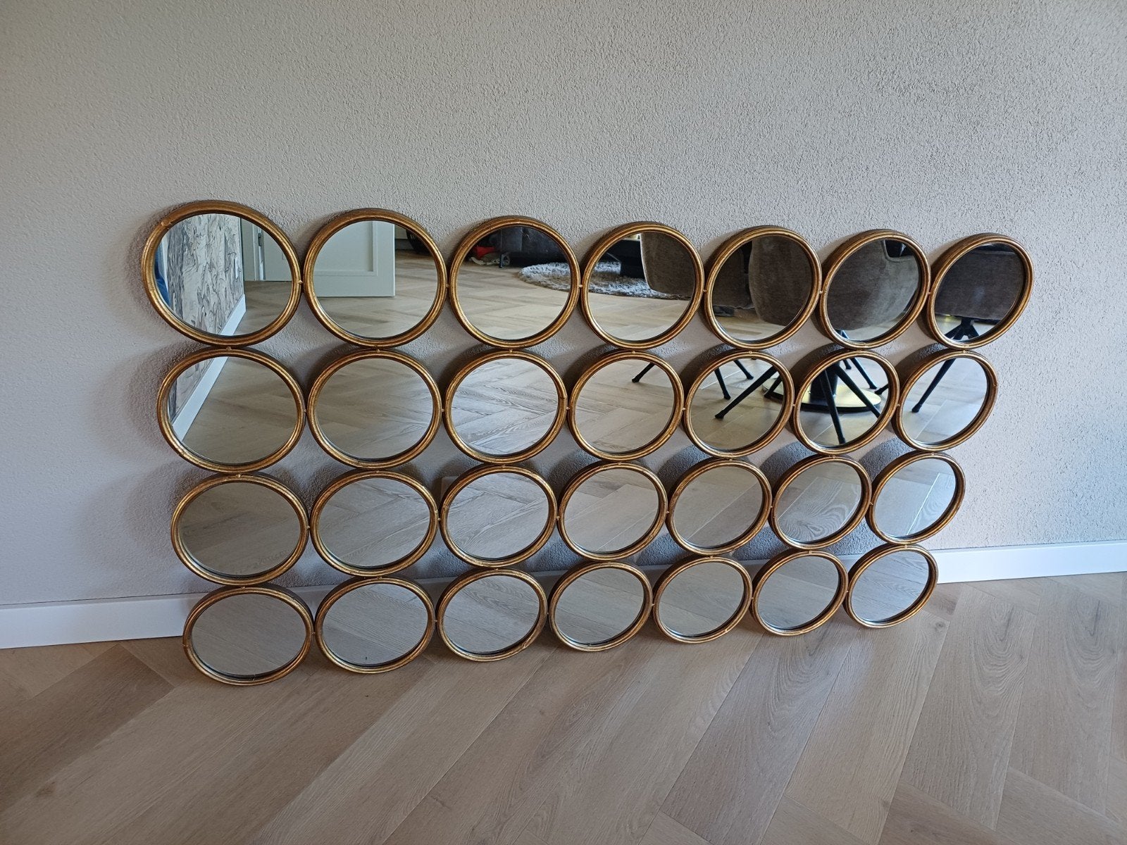 Grote gouden wandspiegel 141 x 81 cm – 28 ronde spiegels, Ophalen, Gebruikt, 125 cm of meer, Minder dan 100 cm