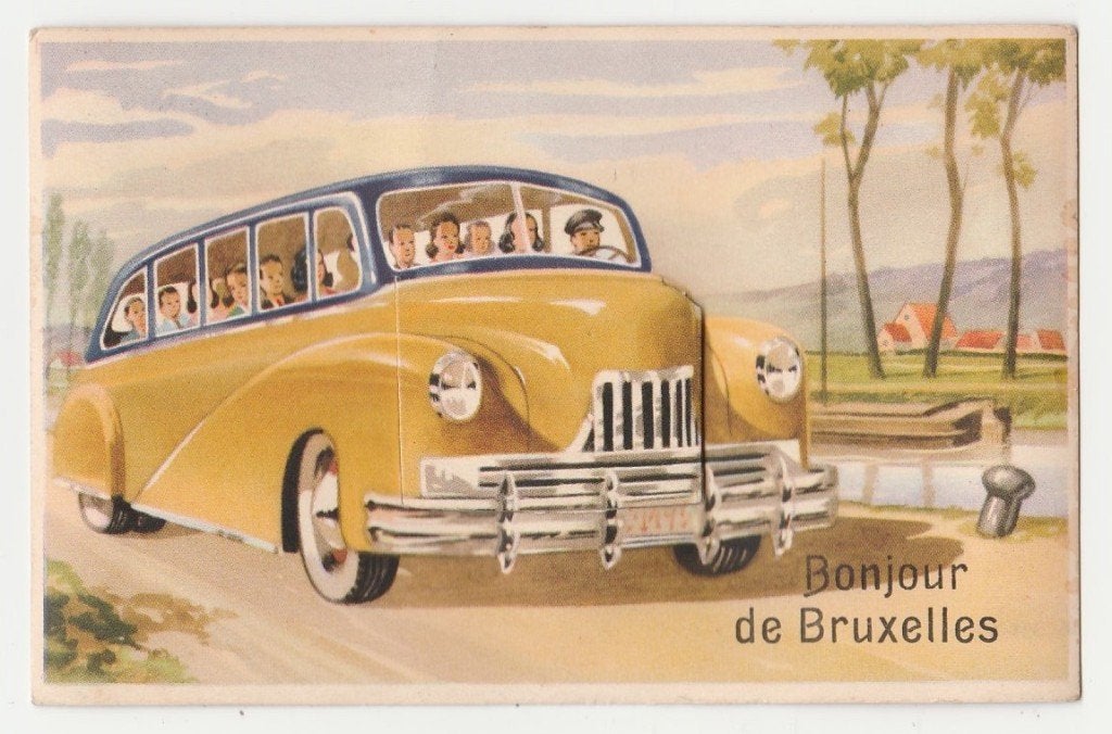 Klepjeskaart.  Autobussen.  Leporello.  Bruxelles., Verzenden, 1940 tot 1960, Gelopen, Overige thema's