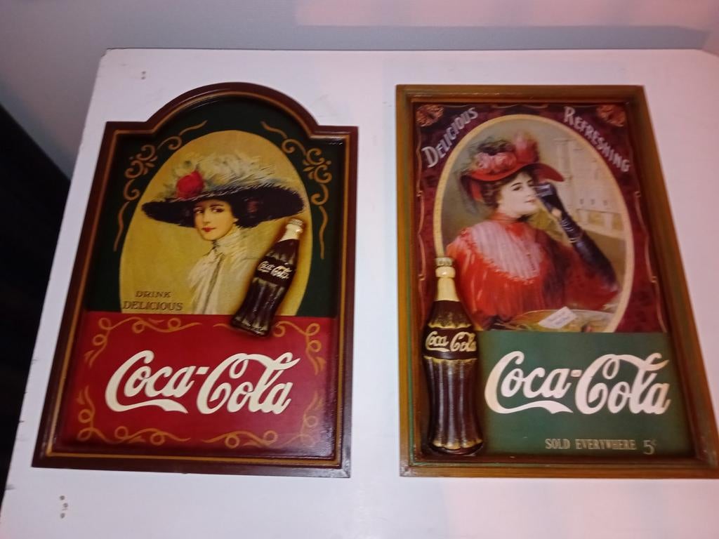 2 Houten Coca Cola Borden - Vintage Decoratie, Antiek en Kunst, Ophalen