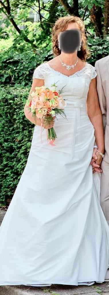 Trouwjurk 38/40, Kleding | Dames, Jurken, Gedragen, Maat 38/40 (M), Wit, Onder de knie, Ophalen