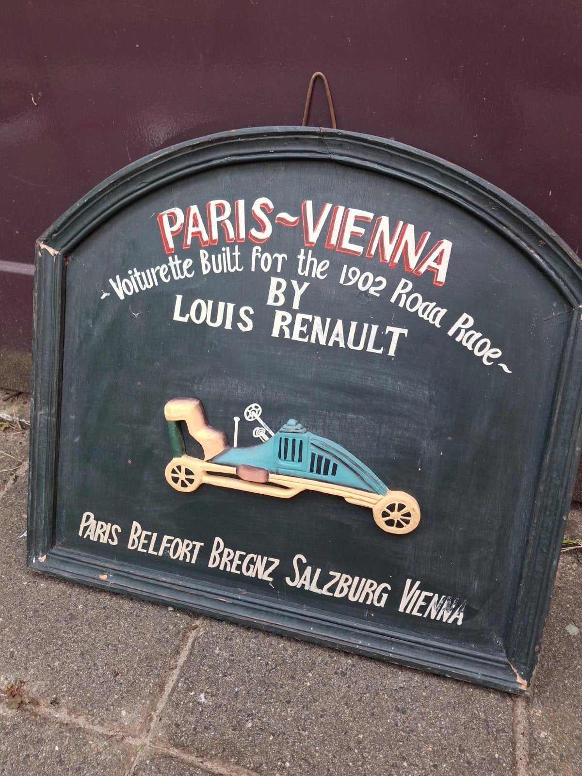 Vintage Houten Bord 'Paris-Vienna Louis Renault' Decoratie, Antiek en Kunst, Ophalen of Verzenden