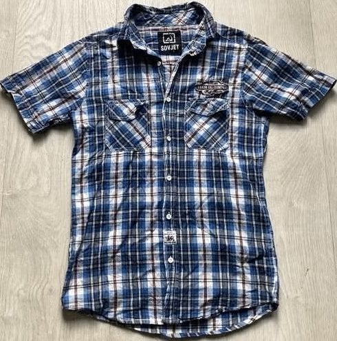 Blouse overhemd maat L Blauw geruit korte mouw, Sovjet, Blauw, Ophalen of Verzenden, Zo goed als nieuw