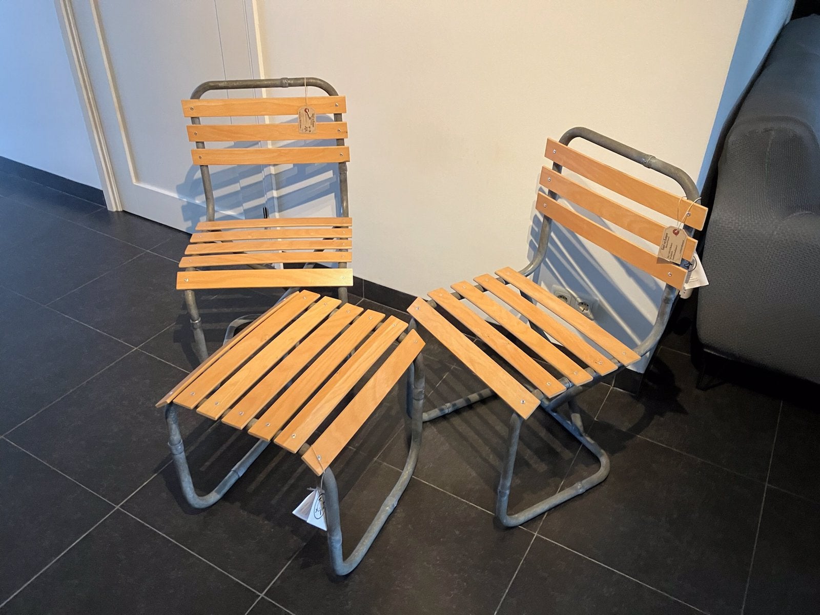 Unieke handgemaakte upcycled buizen stoelen, Huis en Inrichting, Stoelen, Ophalen, Twee, Bruin, Zo goed als nieuw