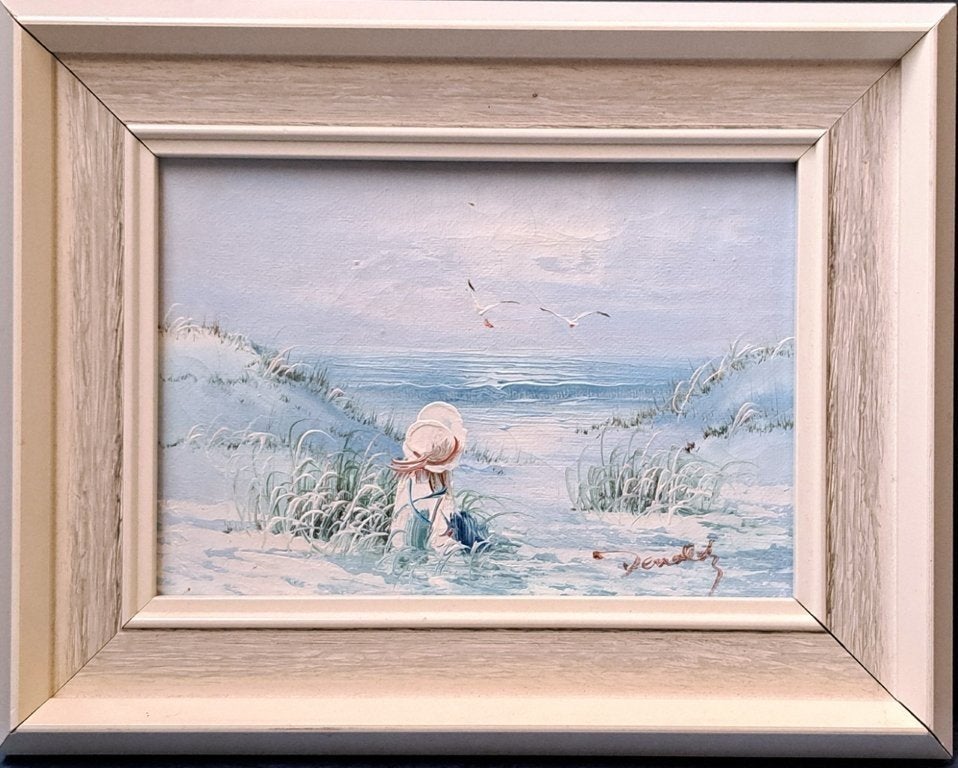 Schilderijtje meisje in duinen, Antiek en Kunst, Kunst | Schilderijen | Klassiek, Bijzondere lijst, Doek, Portret of Personen