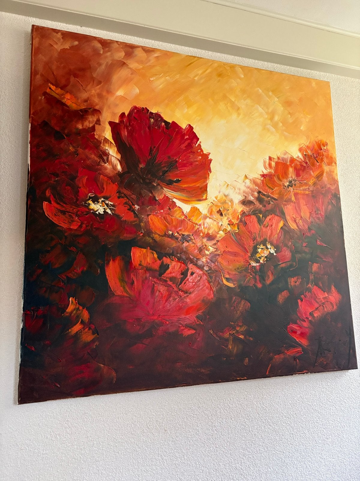 Luxe Schilderij met Levendige Rode Bloemen op Canvas, Antiek en Kunst, Ophalen, Handgeschilderd, Olieverf, Bloemen