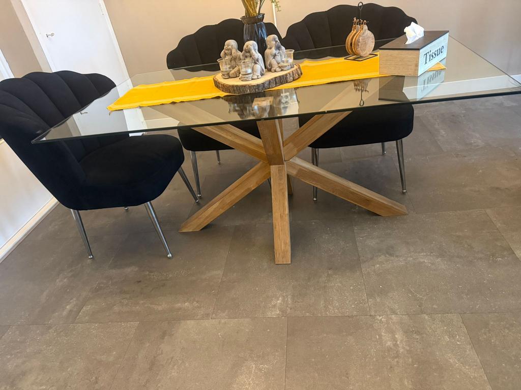 Glazen Eettafel & Salontafel met Houten Onderstel, Ophalen, Gebruikt, 50 tot 100 cm, Glas