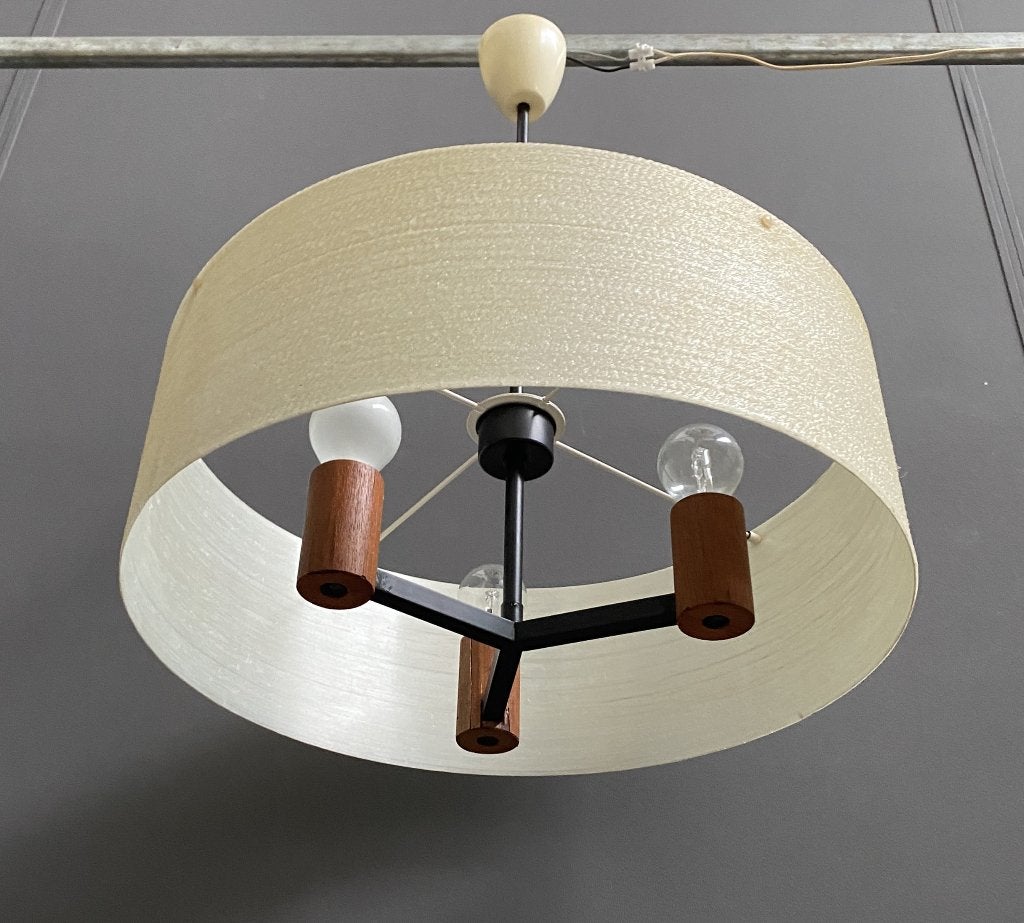 60 jaren hang lamp rond TEAK & crème witte kunststof kap, Ophalen, Gebruikt, Hout, Vintage