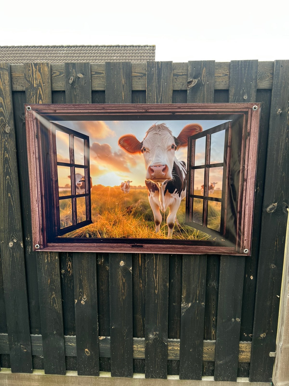 Tuinposter doorkijk / koe whow! €15,- afhaal, Ophalen
