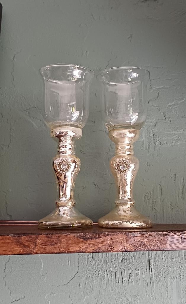 Set van 2 glas kandelaar met craquelé voet & kitsh steentj, Ophalen of Verzenden, Gebruikt