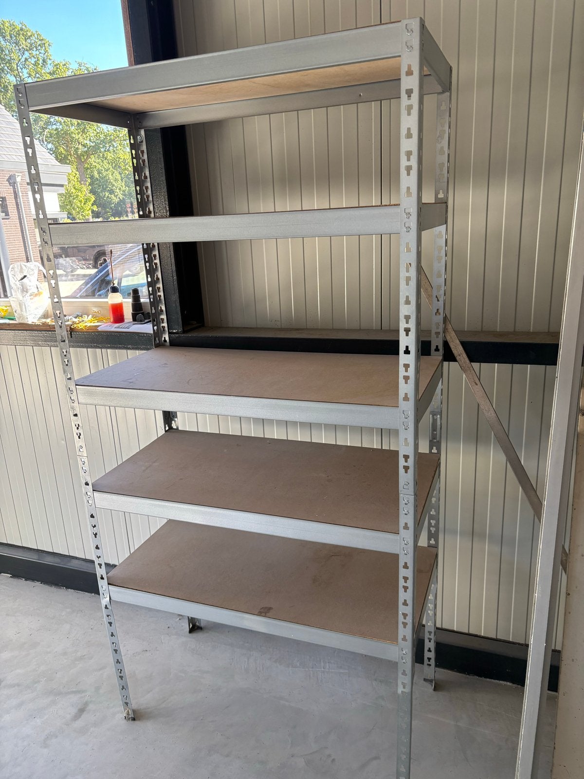 Stevige metalen stellingkast met 5 houten planken, Ophalen of Verzenden, Gebruikt
