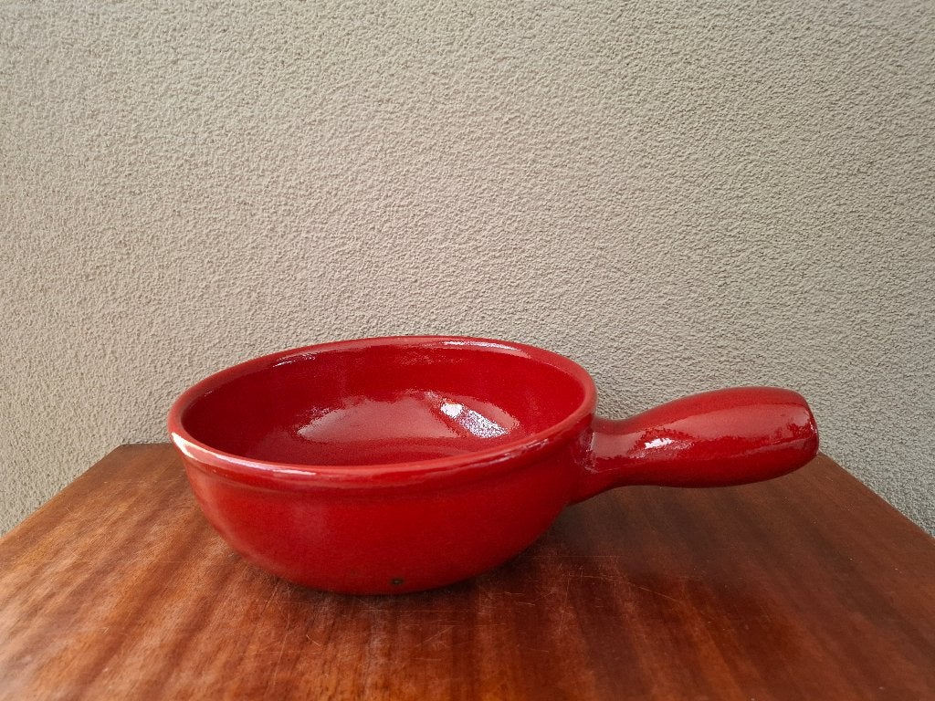 4x keramiek fonduepan/caquelon + steel rood/groen/geel/bruin, Gebruikt, Keramiek, Overige typen, Vintage