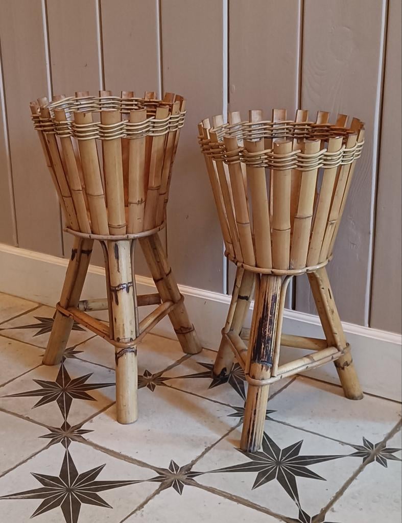 Vintage bamboe plantenstandaards - set van 2, Ophalen of Verzenden