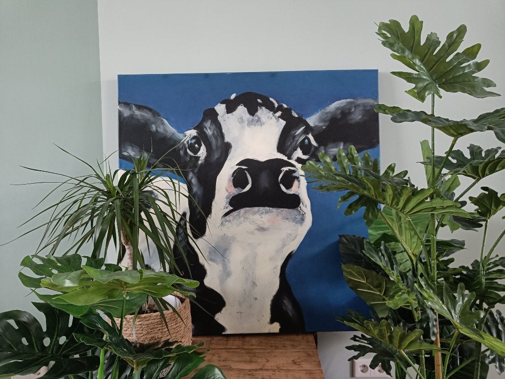 Schilderij: Koe op blauwe achtergrond, Antiek en Kunst, Ophalen