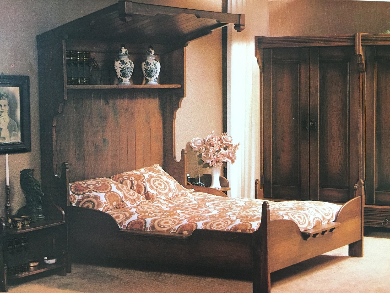 Frans hemelbed slaapkamer/spiegelkast/nachtkast/stoel/vintag, Ophalen, Zo goed als nieuw, Tweepersoons, Frans hemelbed landelijk