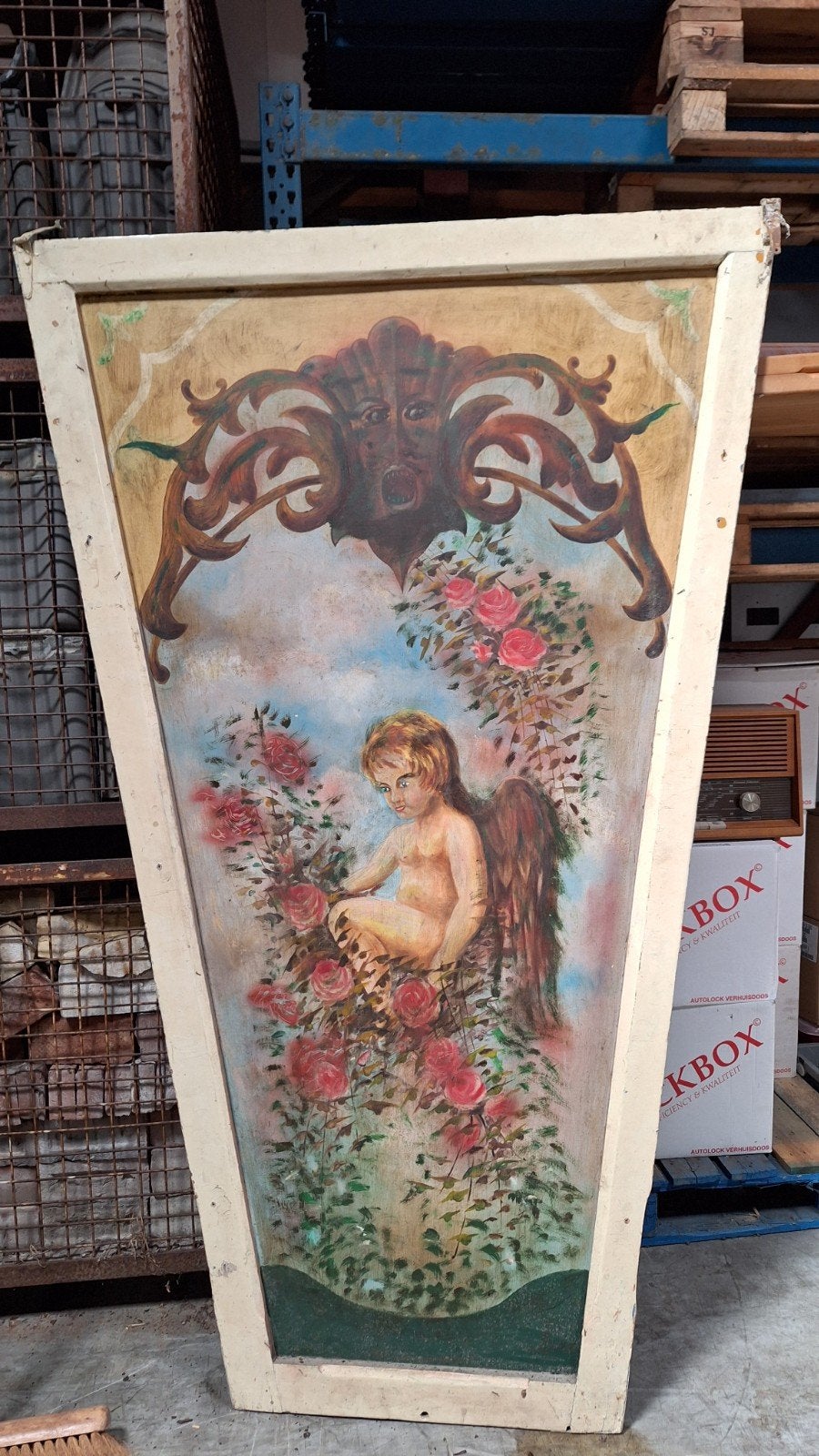 Antiek paneel met engel en rozen, Antiek en Kunst, Kunst | Schilderijen | Klassiek, Ophalen, Paneel, Olieverf, Klassiek