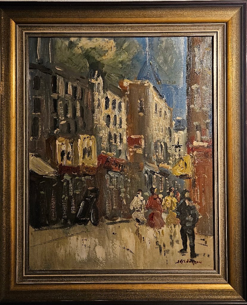 Olieverfschilderij Parijse straat van Jan Kelderman, Doek, Origineel werk, Impressionistisch, Ophalen of Verzenden