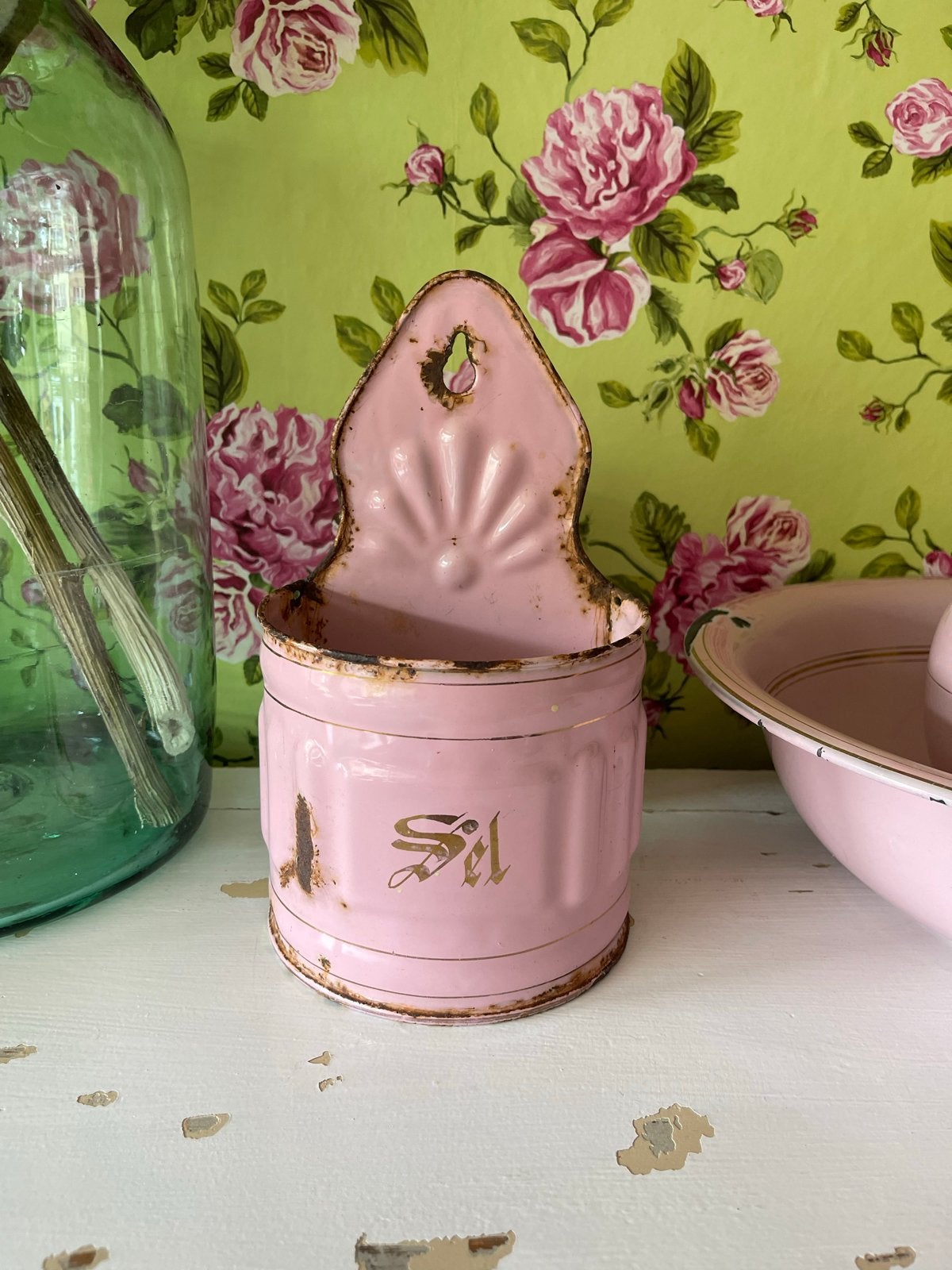 Antieke Franse Emaille Roze Zoutpot met 'Sel' opschrift, Antiek en Kunst, Antiek | Emaille, Ophalen of Verzenden