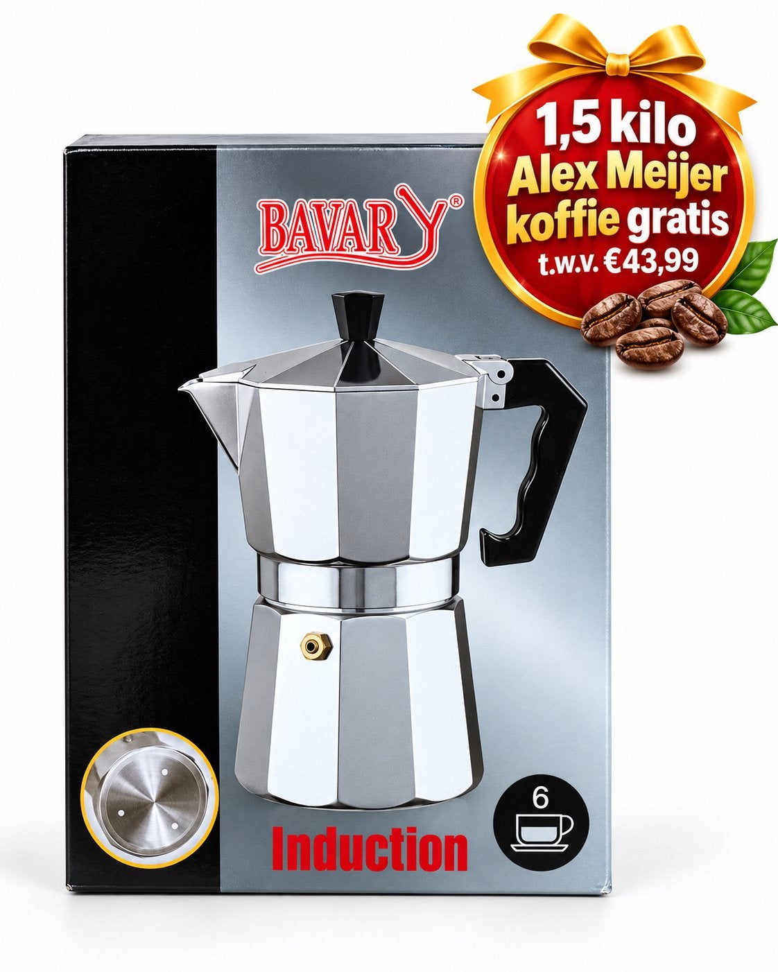 BAVARY Inductie Moka Pot + 1,5 kg koffie(Alex Meijer) GRATIS, Overige modellen, Nieuw, Gemalen koffie, Ophalen of Verzenden