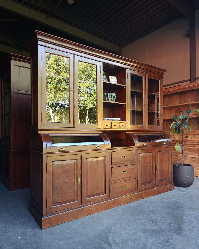 Grote teakhouten winkelkast | Apothekerskast rond glas #9988, Huis en Inrichting, Gebruikt, -, 200 cm of meer, Glas