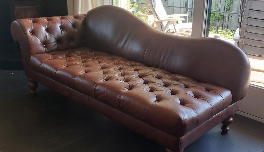 Leren Chesterfield Style Chaise Longue - Bruin, Ophalen, Zo goed als nieuw, 200 tot 250 cm, Eenpersoons