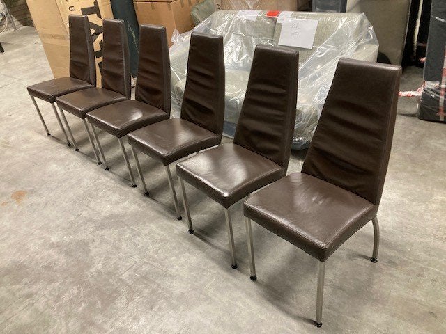 6 eetkamerstoelen bruin leer RVS poten SAMEN €160, Huis en Inrichting, Bruin, Leer, Ophalen of Verzenden, Zo goed als nieuw